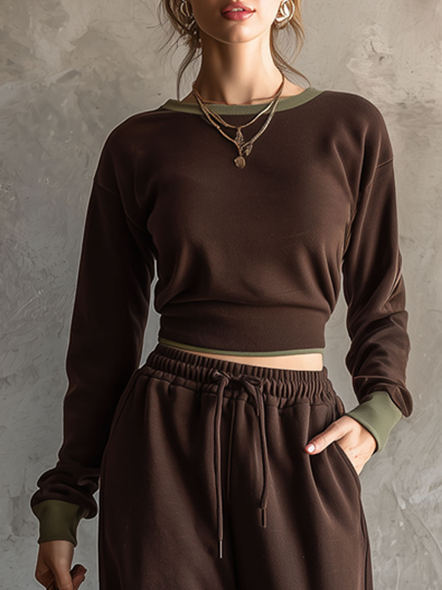 Casual Retro Sporty Chocolate Cotton Crew Neck Sweatshirt And Wide-Leg Pants Set