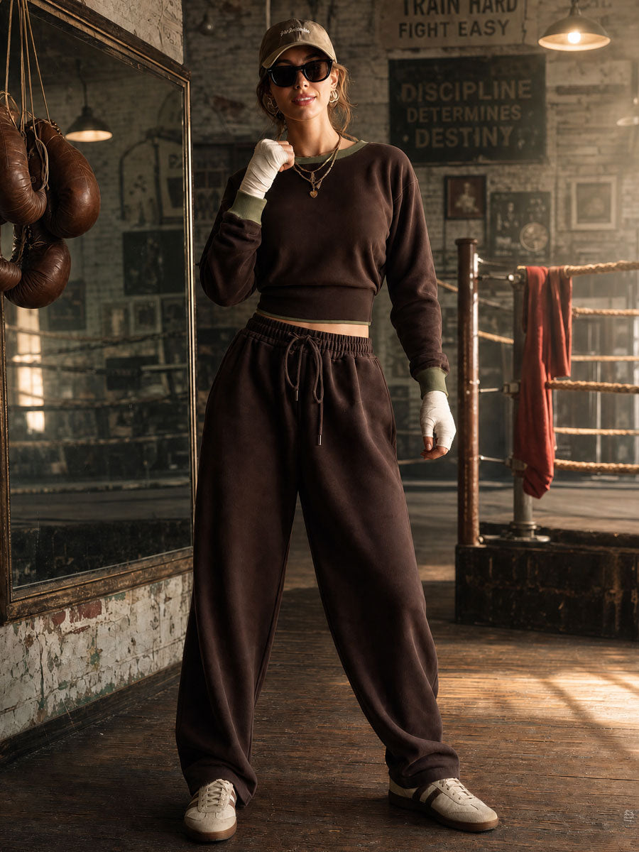 Casual Retro Sporty Chocolate Cotton Crew Neck Sweatshirt And Wide-Leg Pants Set