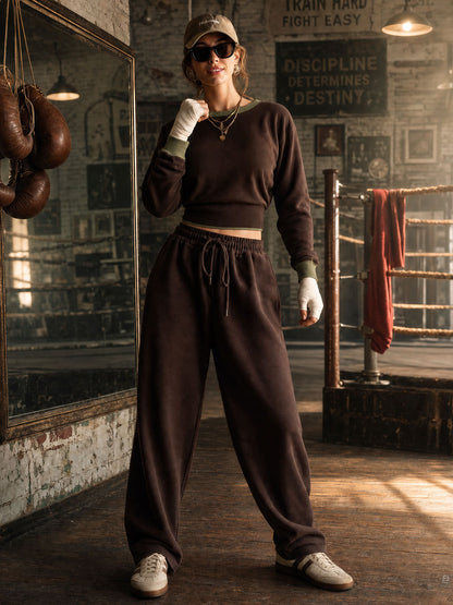 Casual Retro Sporty Chocolate Cotton Crew Neck Sweatshirt And Wide-Leg Pants Set