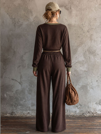 Casual Retro Sporty Chocolate Cotton Crew Neck Sweatshirt And Wide-Leg Pants Set