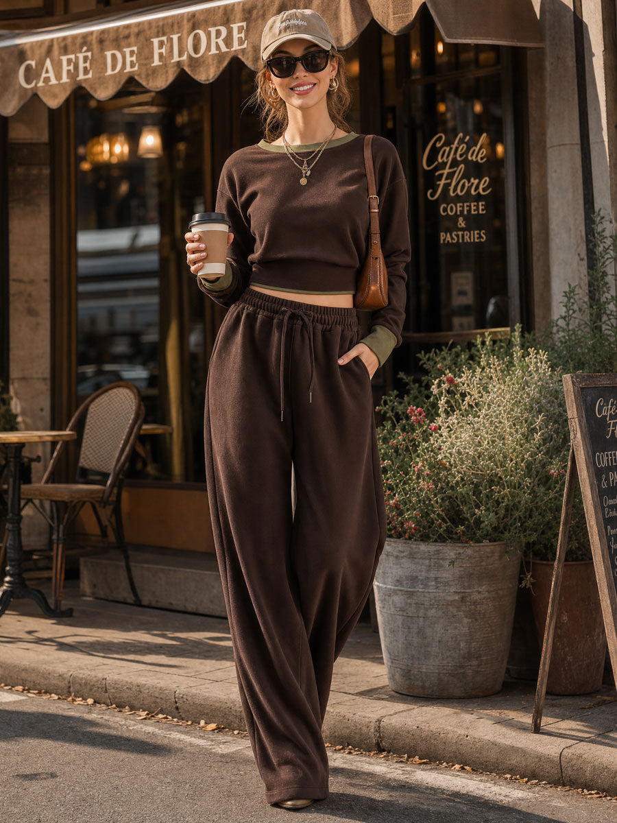 Casual Retro Sporty Chocolate Cotton Crew Neck Sweatshirt And Wide-Leg Pants Set