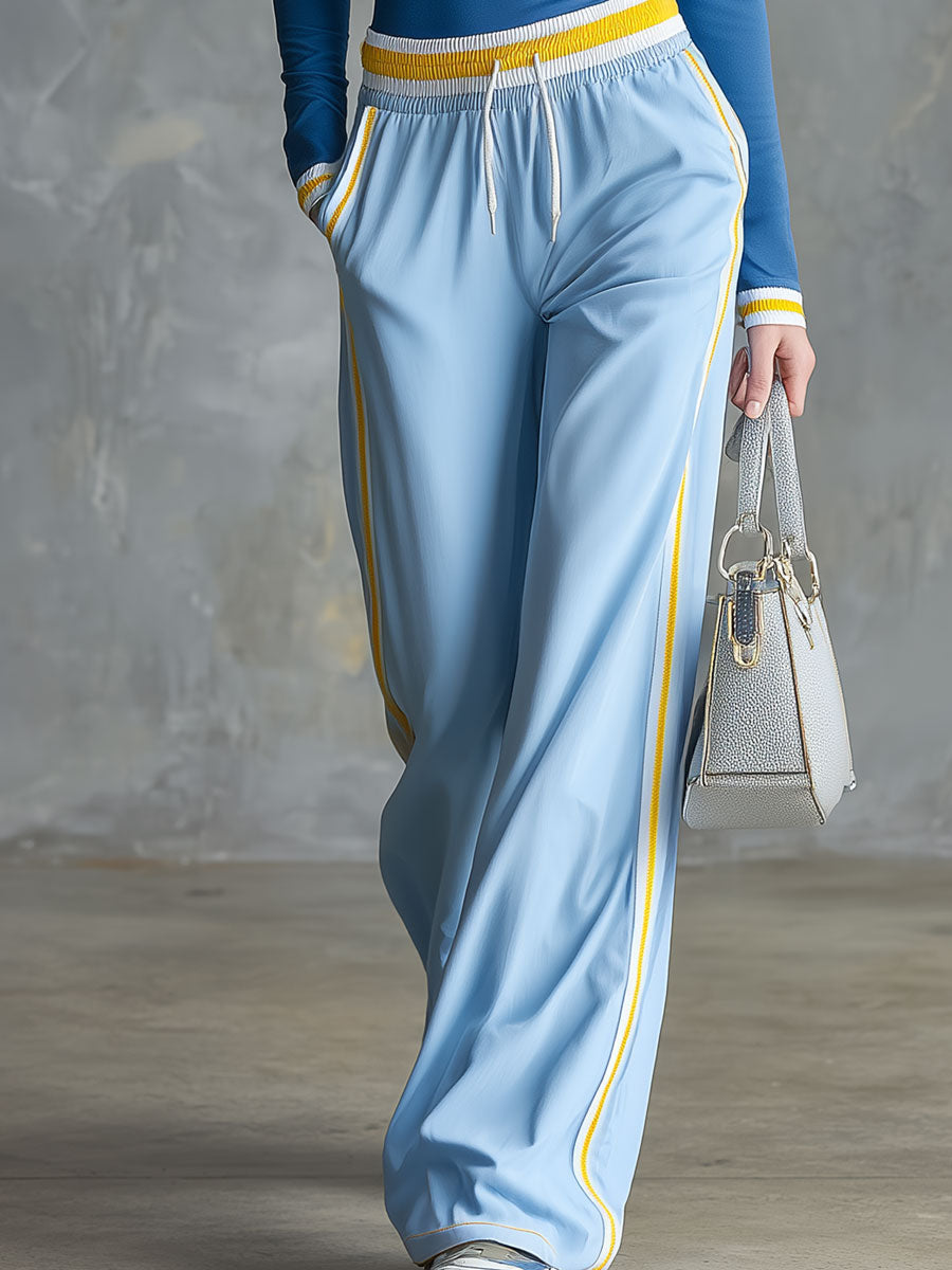 Casual Sporty Retro Color-blocked Blue Top And Pants Set