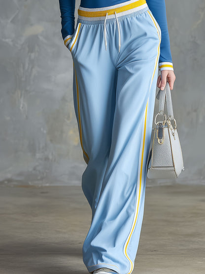 Casual Sporty Retro Color-blocked Blue Top And Pants Set