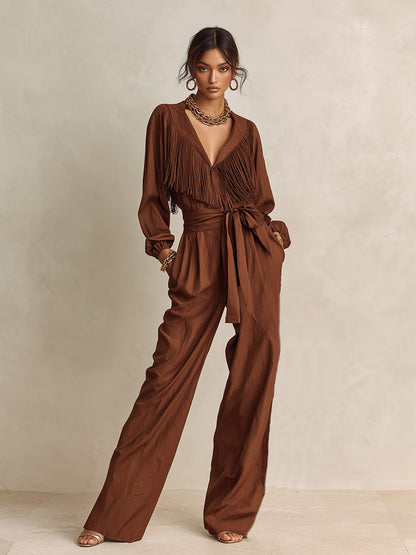 Vintage-style Elegant Tassel Brown V-neck Cotton Wide-leg Jumpsuit