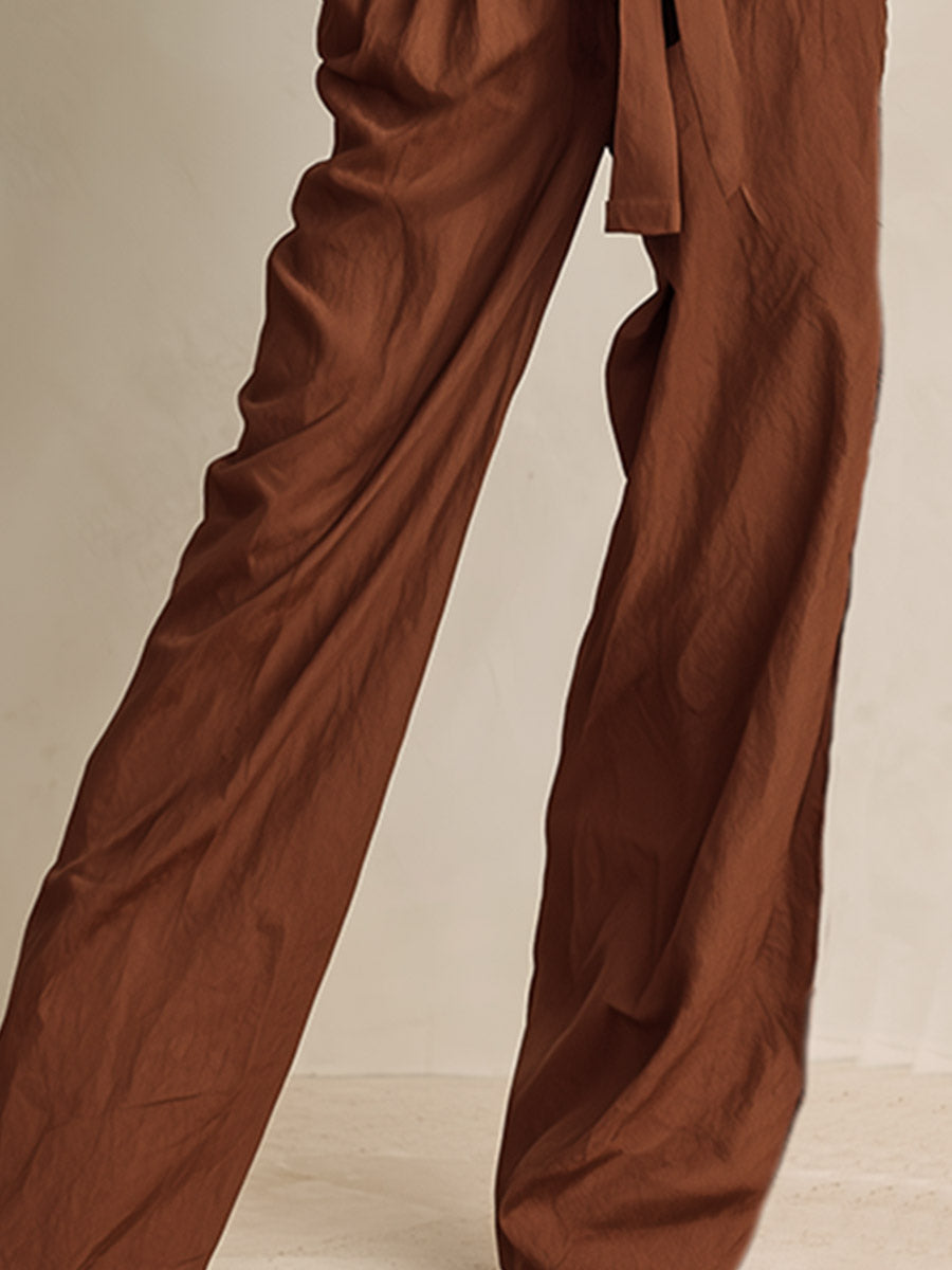 Vintage-style Elegant Tassel Brown V-neck Cotton Wide-leg Jumpsuit