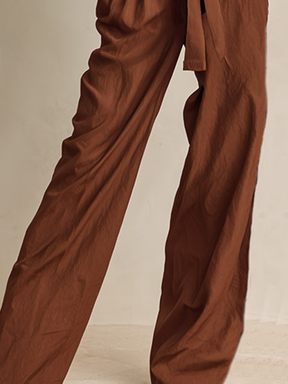 Vintage-style Elegant Tassel Brown V-neck Cotton Wide-leg Jumpsuit