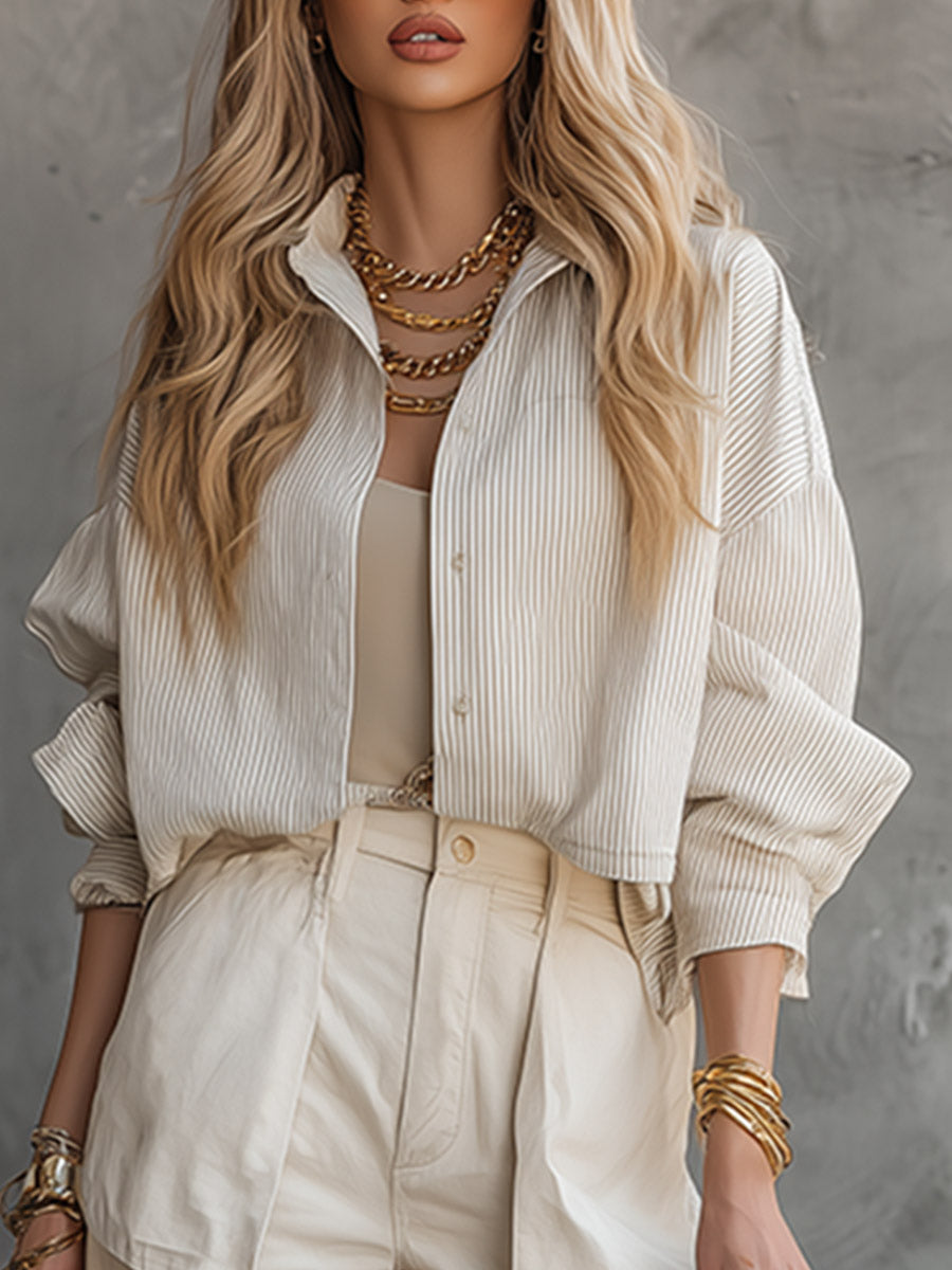 Casual Urban Off-White Striped Shirt And Multi-Pocket Cargo Pants Set
