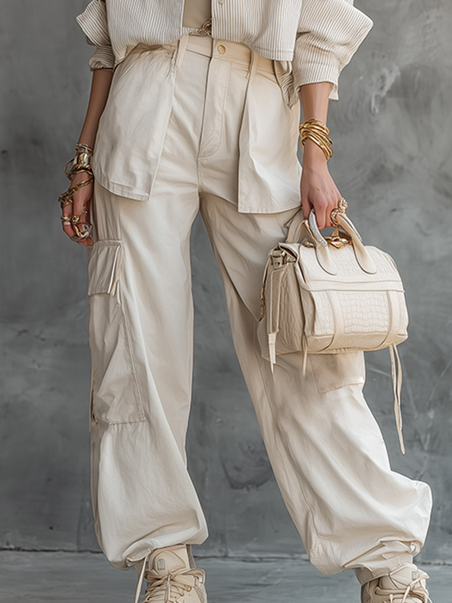 Casual Urban Off-White Striped Shirt And Multi-Pocket Cargo Pants Set