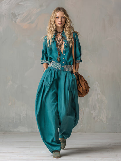 Retro Silhouette Striped Trim Teal Wide-leg Jumpsuit