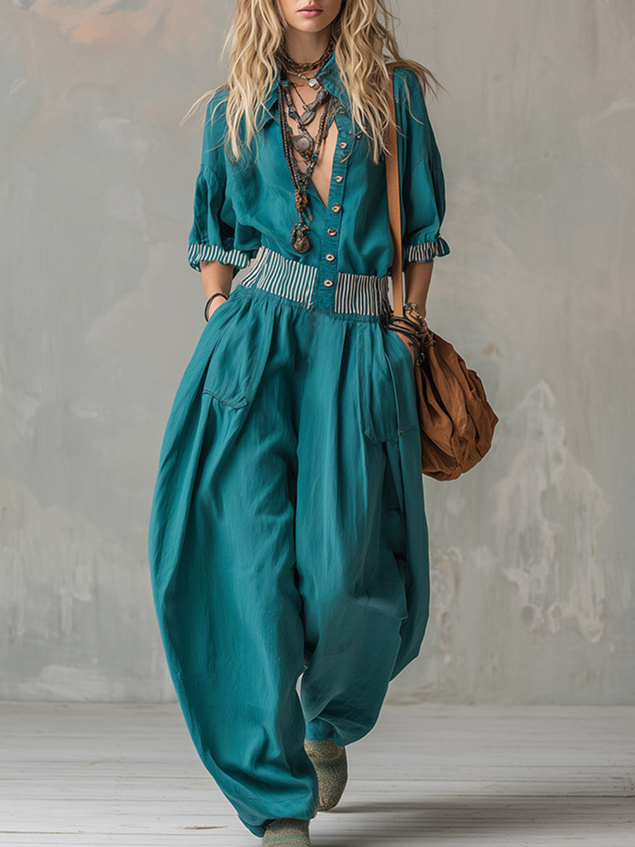 Retro Silhouette Striped Trim Teal Wide-leg Jumpsuit