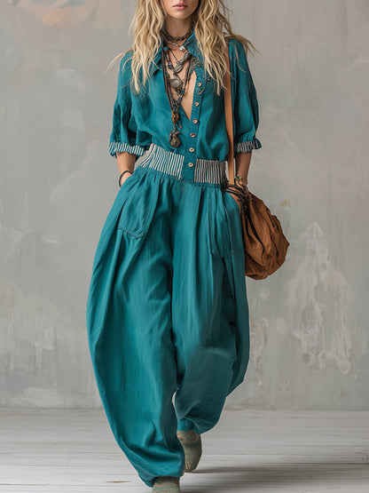 Retro Silhouette Striped Trim Teal Wide-leg Jumpsuit