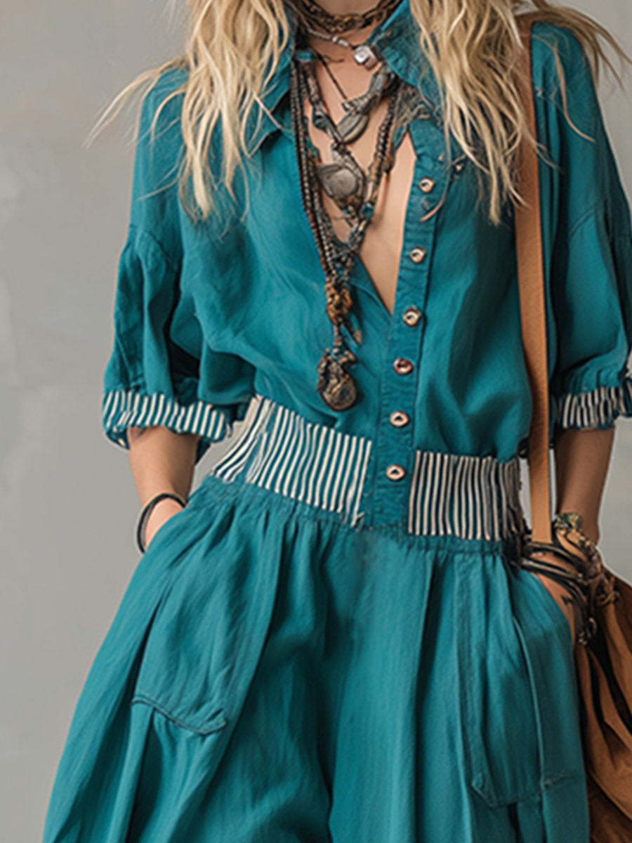 Retro Silhouette Striped Trim Teal Wide-leg Jumpsuit