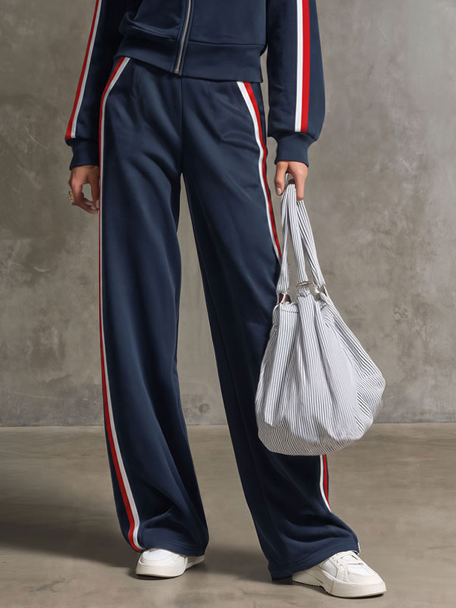 Casual Retro Sporty Embroidered Dark Blue Cotton Zipper Sweatshirt And Wide-Leg Pants Set