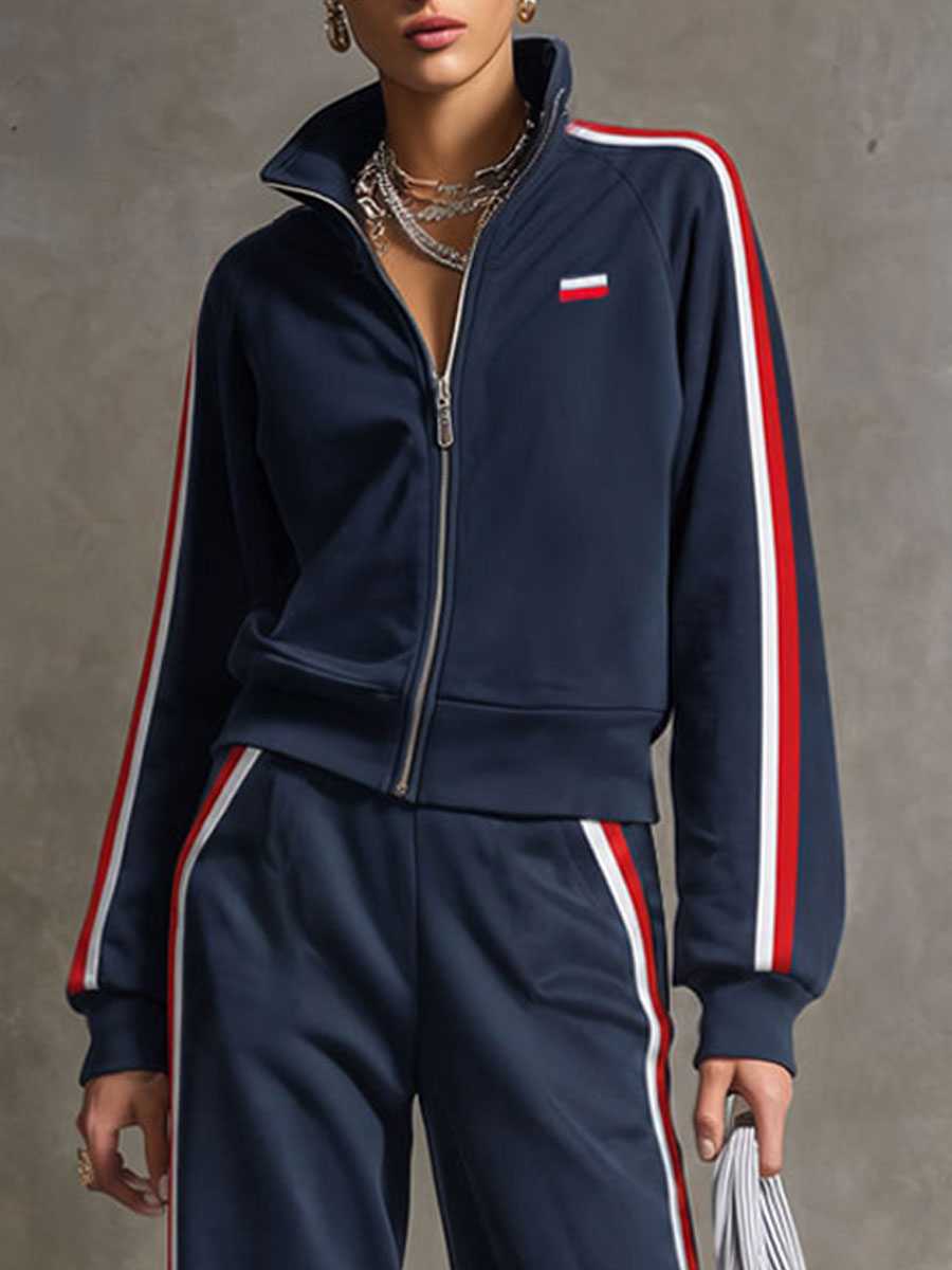 Casual Retro Sporty Embroidered Dark Blue Cotton Zipper Sweatshirt And Wide-Leg Pants Set