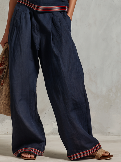 Retro-casual Elegant Western-style Color-blocked Set With Red And Blue Stripes