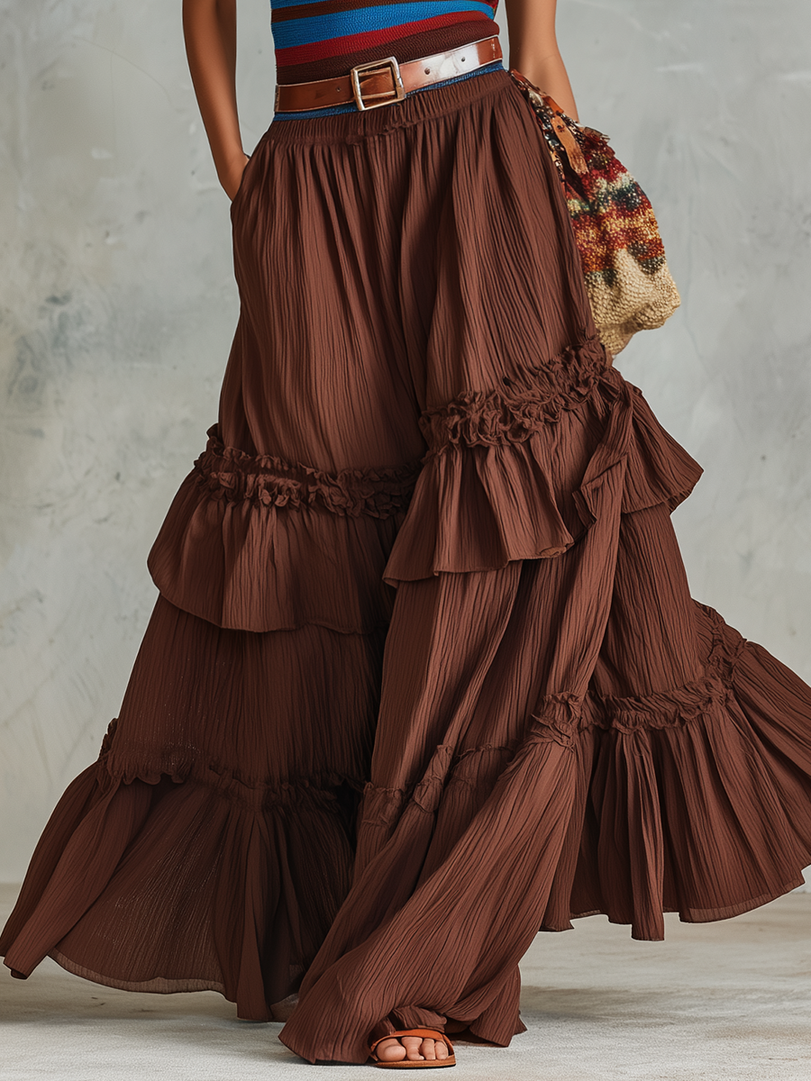 Retro-chic Western-style Knit Top And Ruffled Chiffon Skirt Set