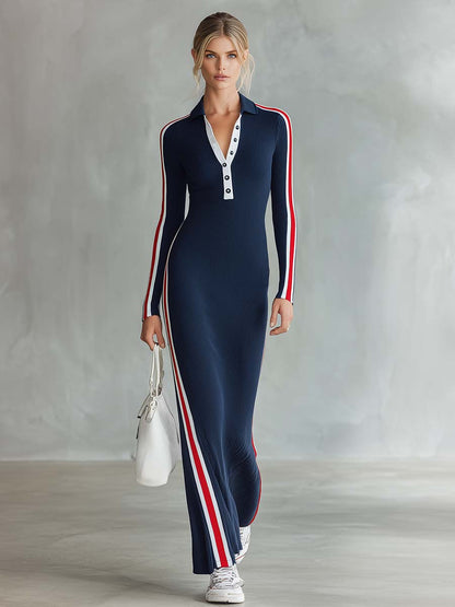 Retro Sporty Navy Striped Polo Half-Button Long-Sleeve Knit Maxi Dress