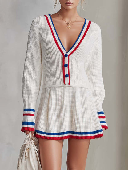 Preppy White Varsity-Stripe Knit Deep-V Button Long-Sleeve Mini Dress