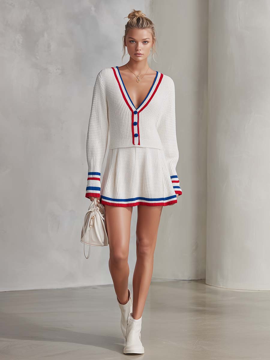 Preppy White Varsity-Stripe Knit Deep-V Button Long-Sleeve Mini Dress