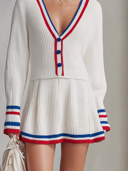 Preppy White Varsity-Stripe Knit Deep-V Button Long-Sleeve Mini Dress