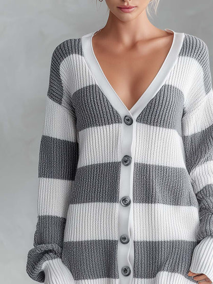 Cozy Grey Striped Knit Deep-V Button-Front Long-Sleeve Sweater Mini Dress