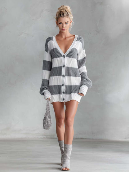 Cozy Grey Striped Knit Deep-V Button-Front Long-Sleeve Sweater Mini Dress