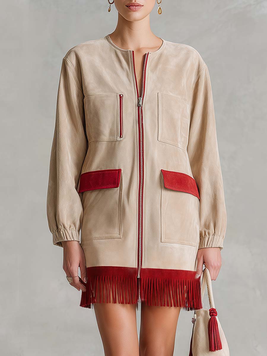 Retro Western Ivory Faux-Suede Zip-Front Fringe Long-Sleeve Mini Dress