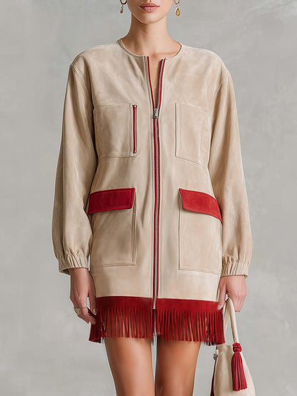 Retro Western Ivory Faux-Suede Zip-Front Fringe Long-Sleeve Mini Dress