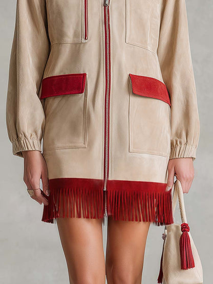 Retro Western Ivory Faux-Suede Zip-Front Fringe Long-Sleeve Mini Dress