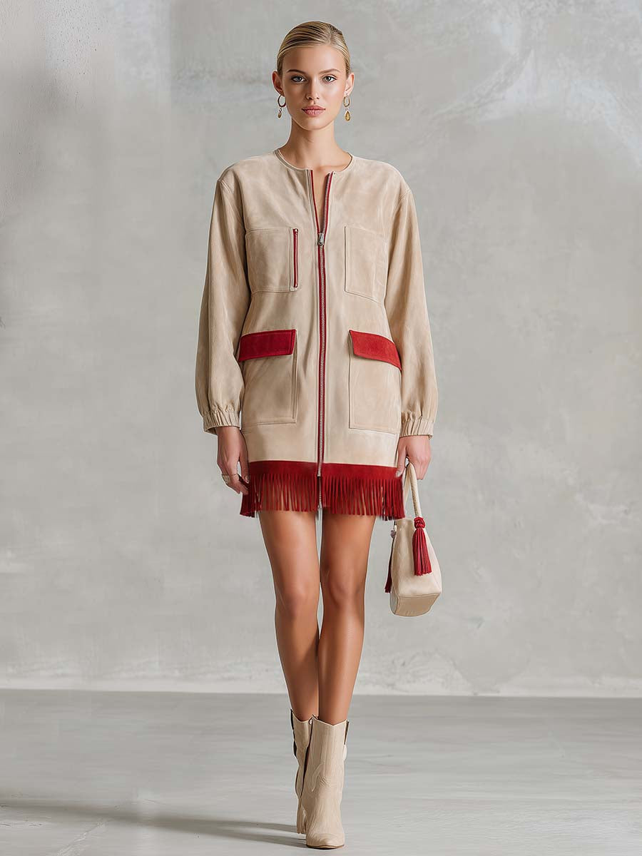 Retro Western Ivory Faux-Suede Zip-Front Fringe Long-Sleeve Mini Dress