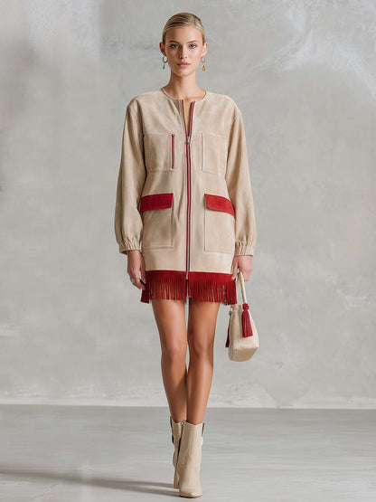 Retro Western Ivory Faux-Suede Zip-Front Fringe Long-Sleeve Mini Dress