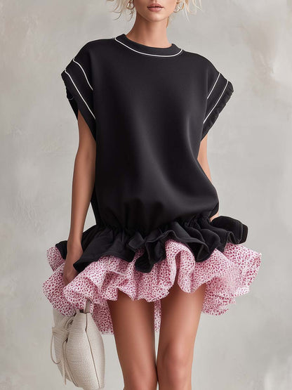 Sporty Black Floral Ruffle-Hem Cap-Sleeve Cotton Mini Dress