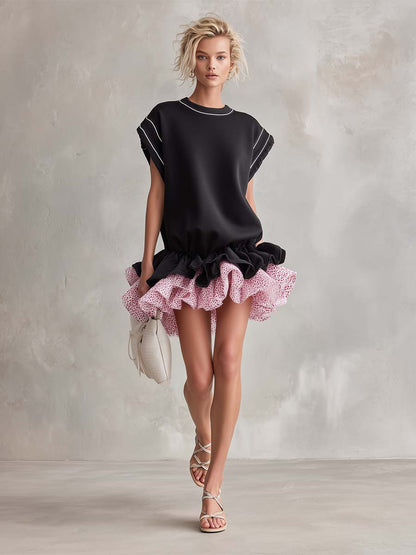 Sporty Black Floral Ruffle-Hem Cap-Sleeve Cotton Mini Dress