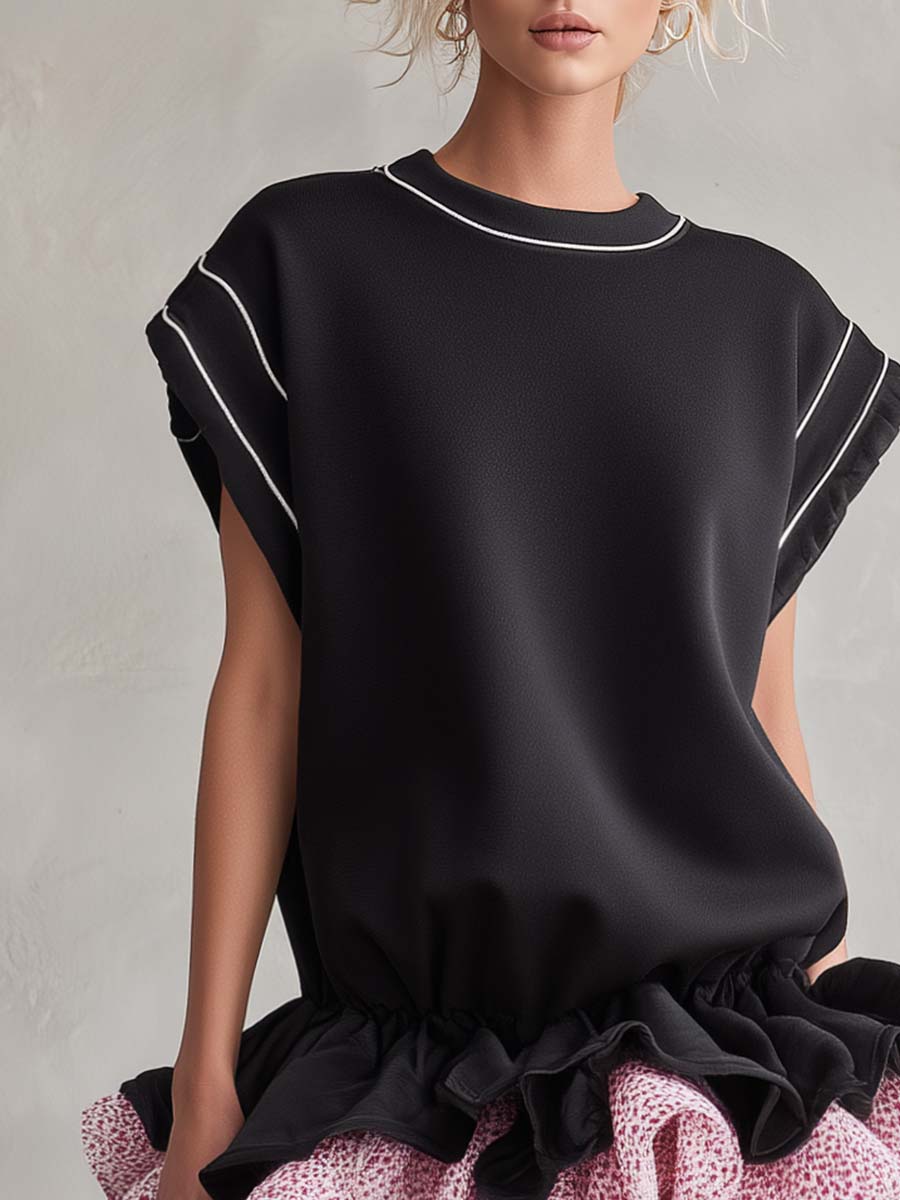 Sporty Black Floral Ruffle-Hem Cap-Sleeve Cotton Mini Dress