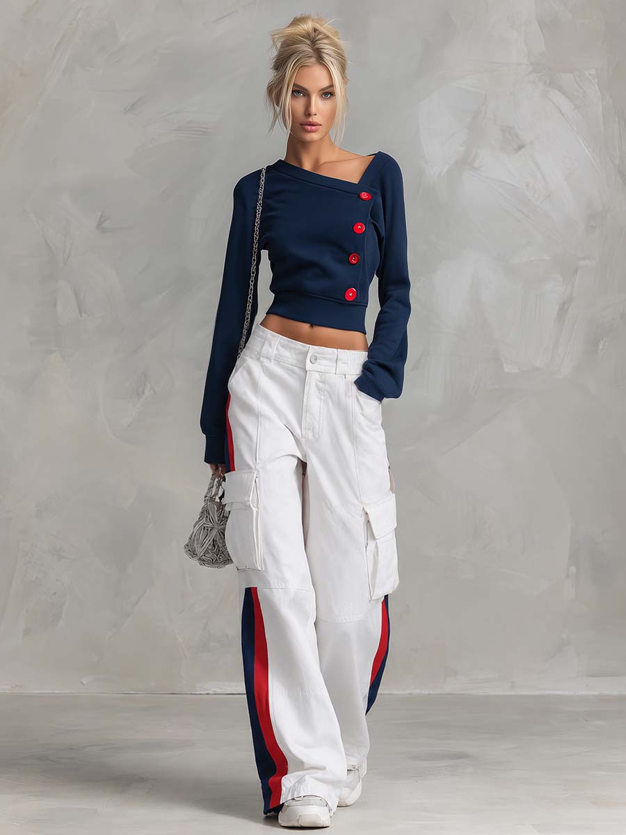 Sporty Navy Asymmetric Button Top Striped Cargo Pants Set