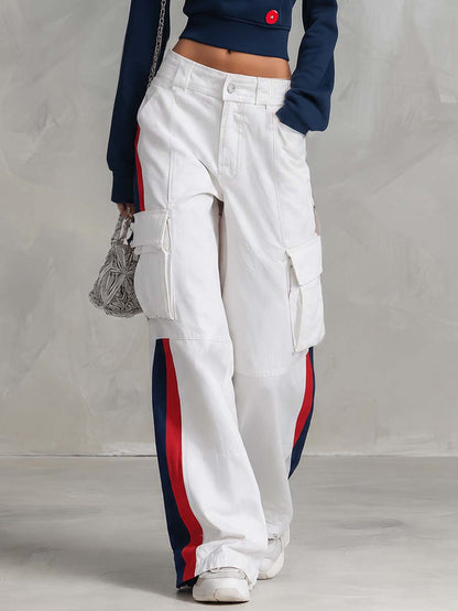 Sporty Navy Asymmetric Button Top Striped Cargo Pants Set
