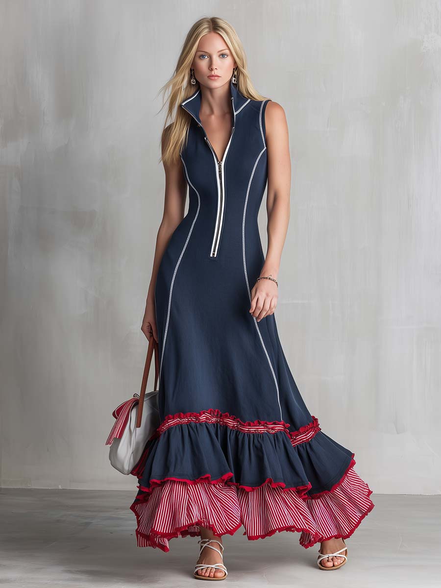 Retro Nautical Navy Striped Ruffle-Hem Half-Zip Sleeveless Maxi Dress