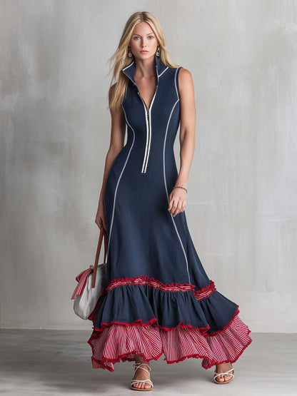 Retro Nautical Navy Striped Ruffle-Hem Half-Zip Sleeveless Maxi Dress