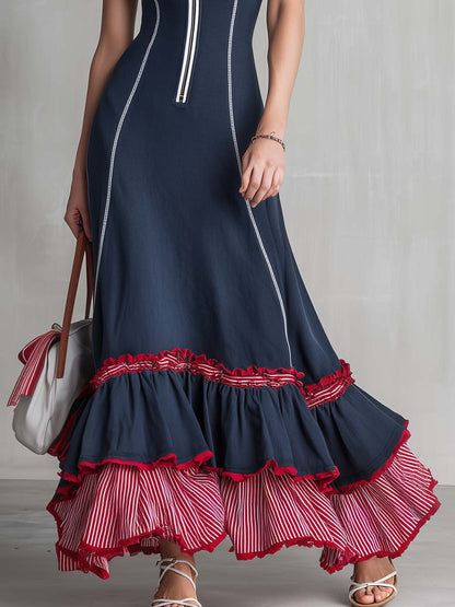 Retro Nautical Navy Striped Ruffle-Hem Half-Zip Sleeveless Maxi Dress