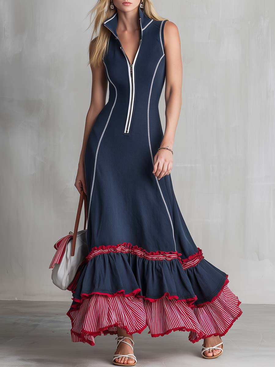 Retro Nautical Navy Striped Ruffle-Hem Half-Zip Sleeveless Maxi Dress