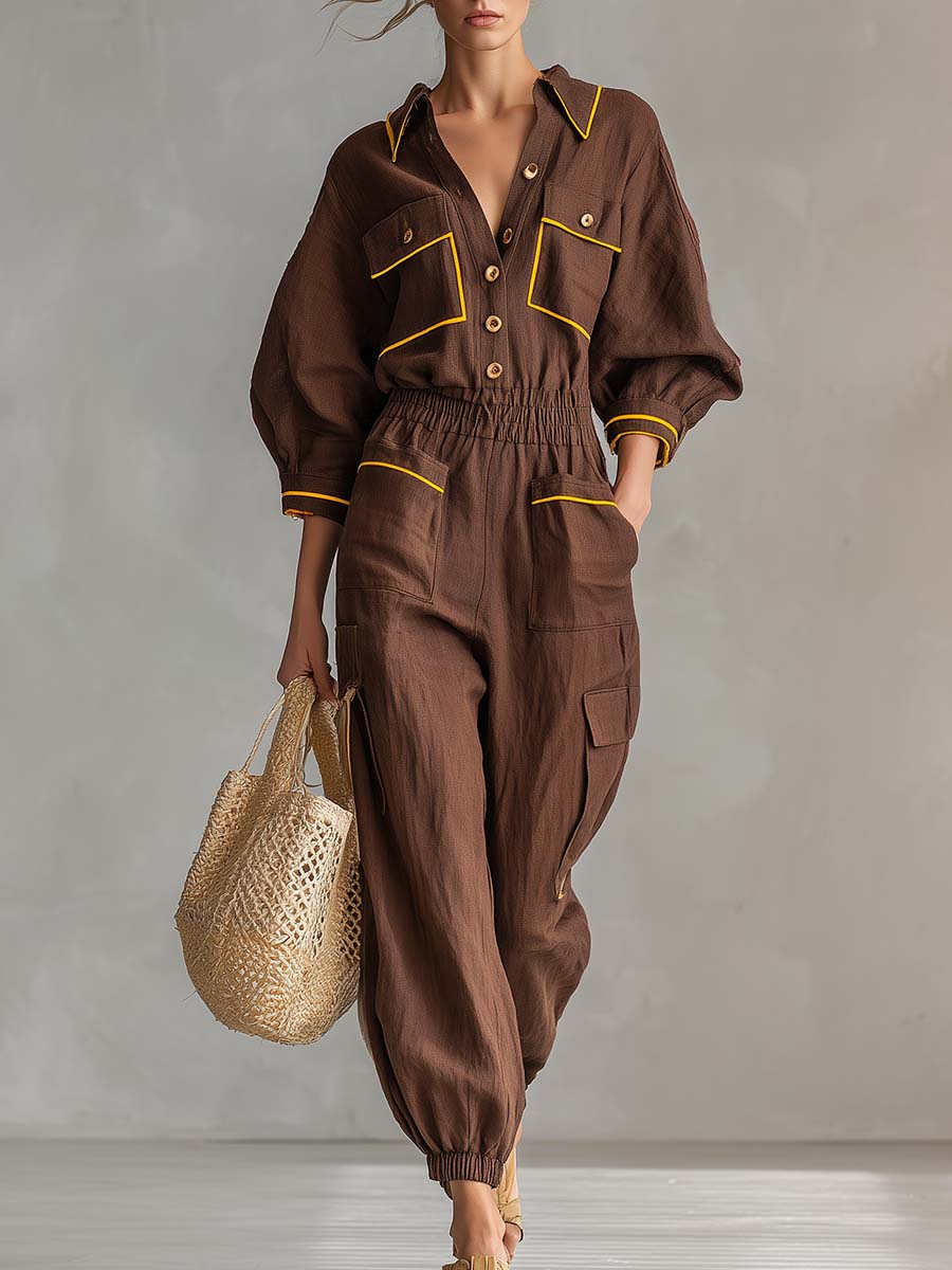 Retro Utility Brown Linen Button-Front Cargo Cuffed Wide-Leg Jumpsuit