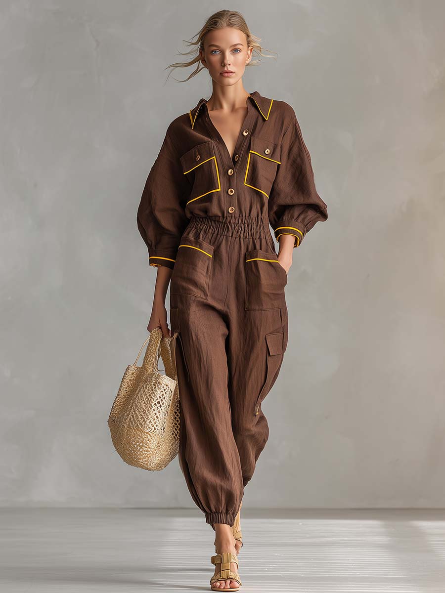 Retro Utility Brown Linen Button-Front Cargo Cuffed Wide-Leg Jumpsuit
