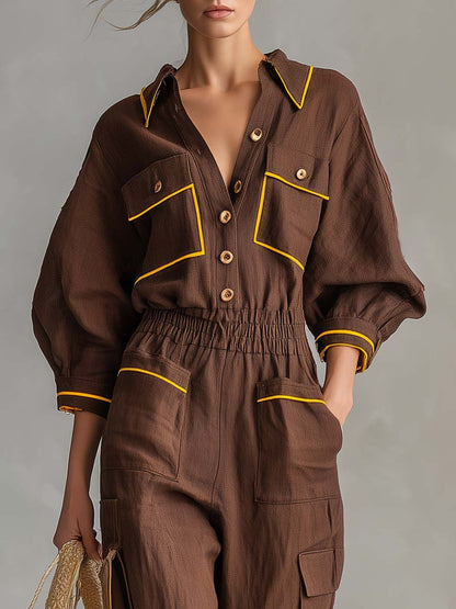 Retro Utility Brown Linen Button-Front Cargo Cuffed Wide-Leg Jumpsuit