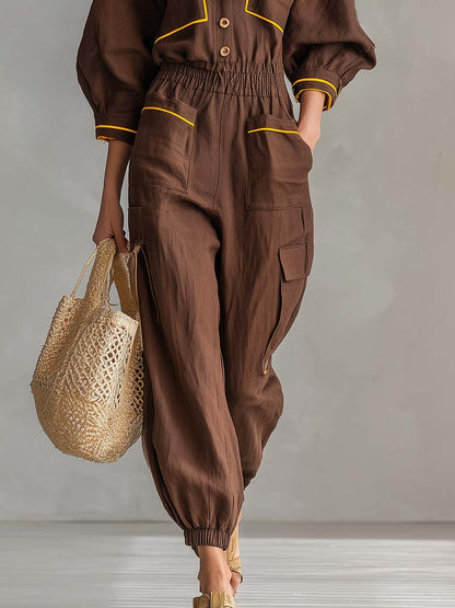 Retro Utility Brown Linen Button-Front Cargo Cuffed Wide-Leg Jumpsuit