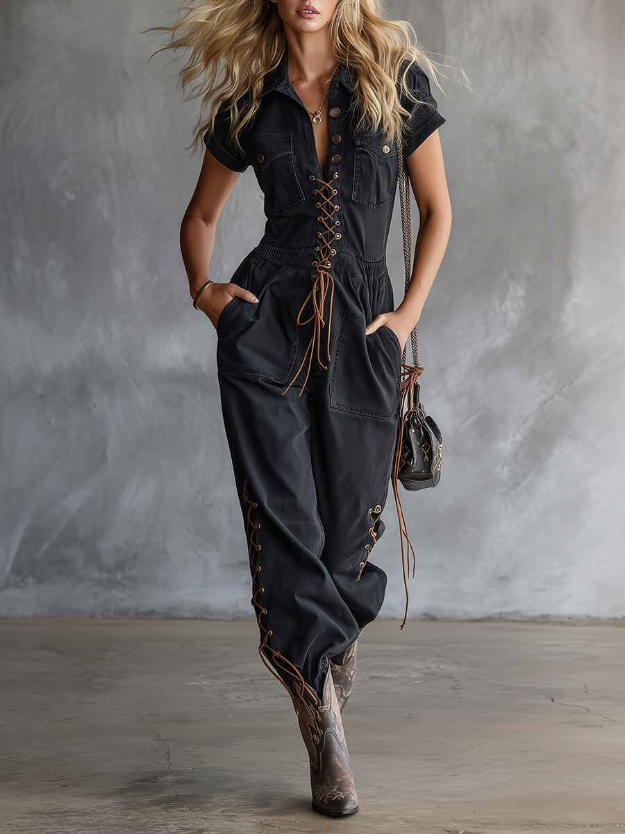 Western Vintage Lace-up Denim Jumpsuit