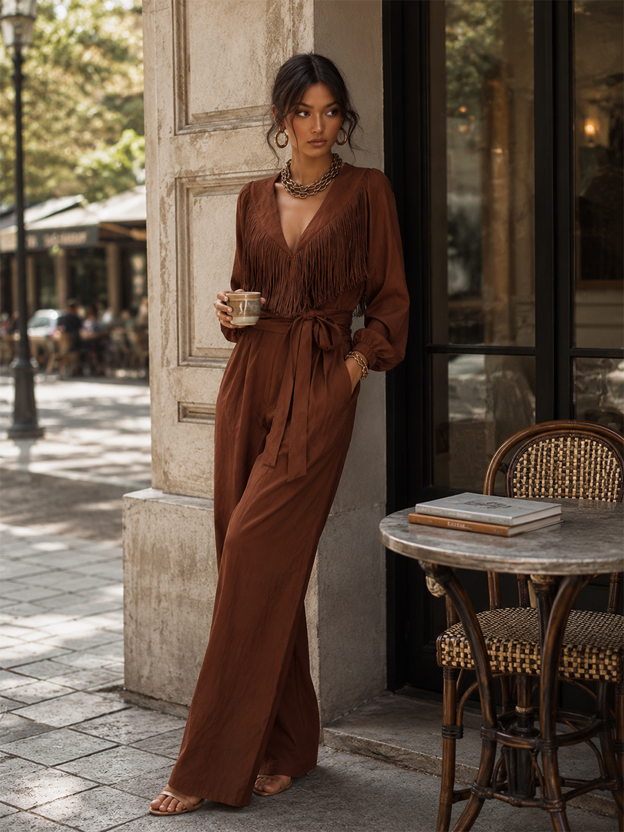 Vintage-style Elegant Tassel Brown V-neck Cotton Wide-leg Jumpsuit