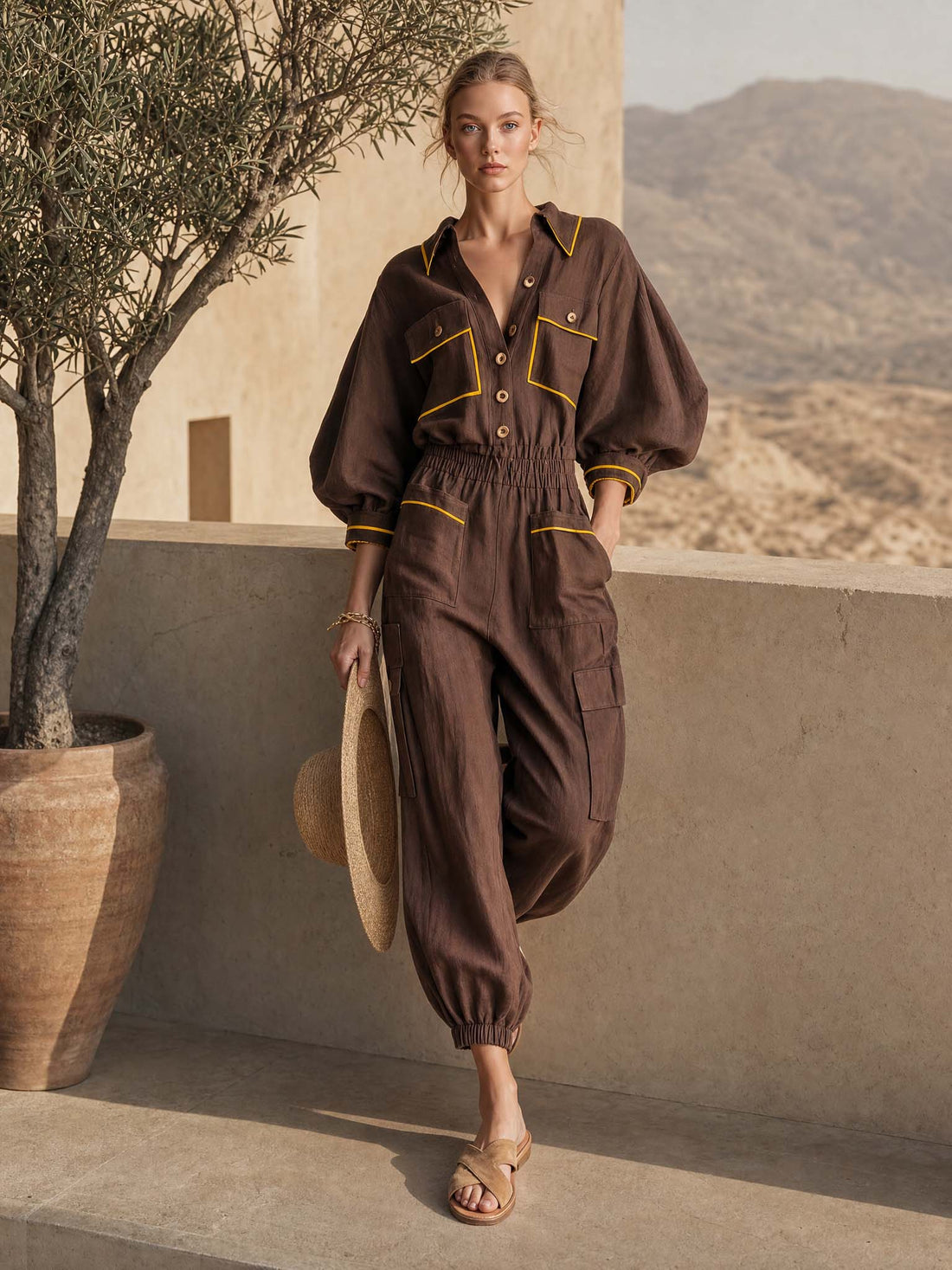 Retro Utility Brown Linen Button-Front Cargo Cuffed Wide-Leg Jumpsuit