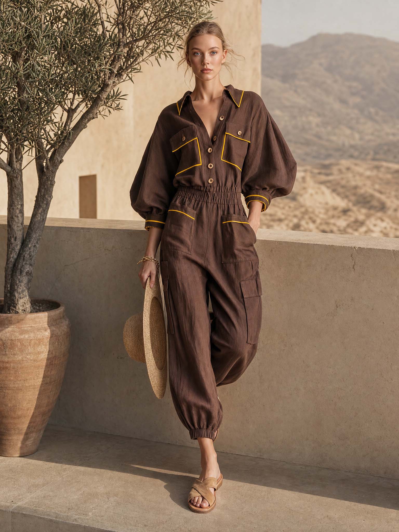 Retro Utility Brown Linen Button-Front Cargo Cuffed Wide-Leg Jumpsuit