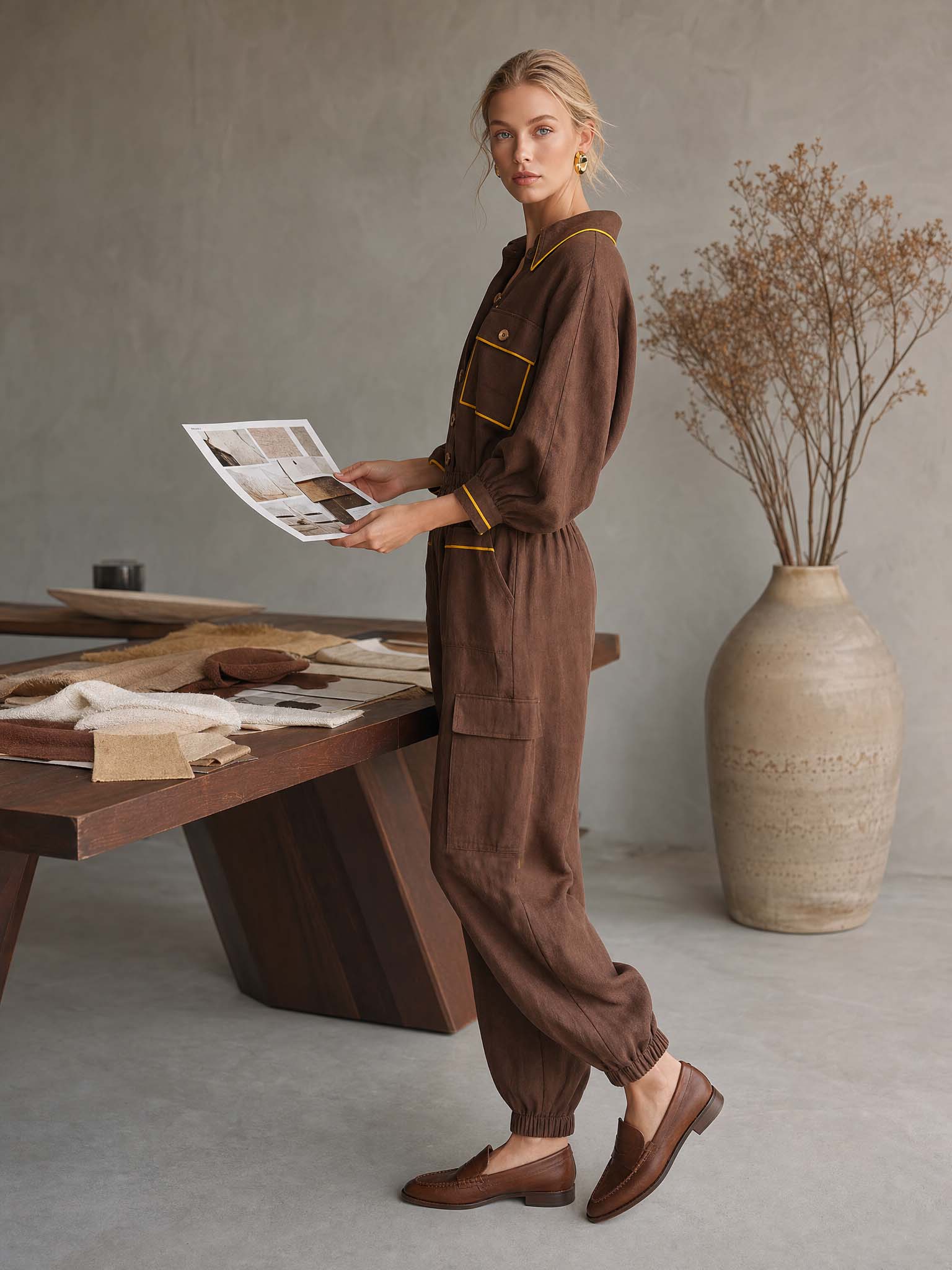 Retro Utility Brown Linen Button-Front Cargo Cuffed Wide-Leg Jumpsuit