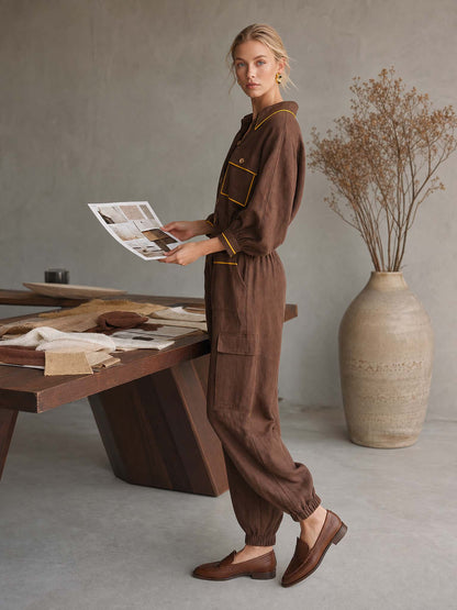 Retro Utility Brown Linen Button-Front Cargo Cuffed Wide-Leg Jumpsuit